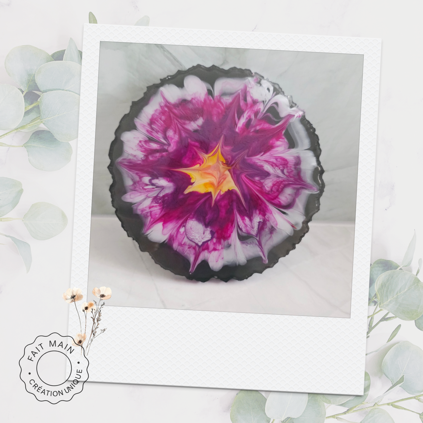 Dessous de verre en résine – Fleurs violettes & fuchsia – Lot de 4 - création unique