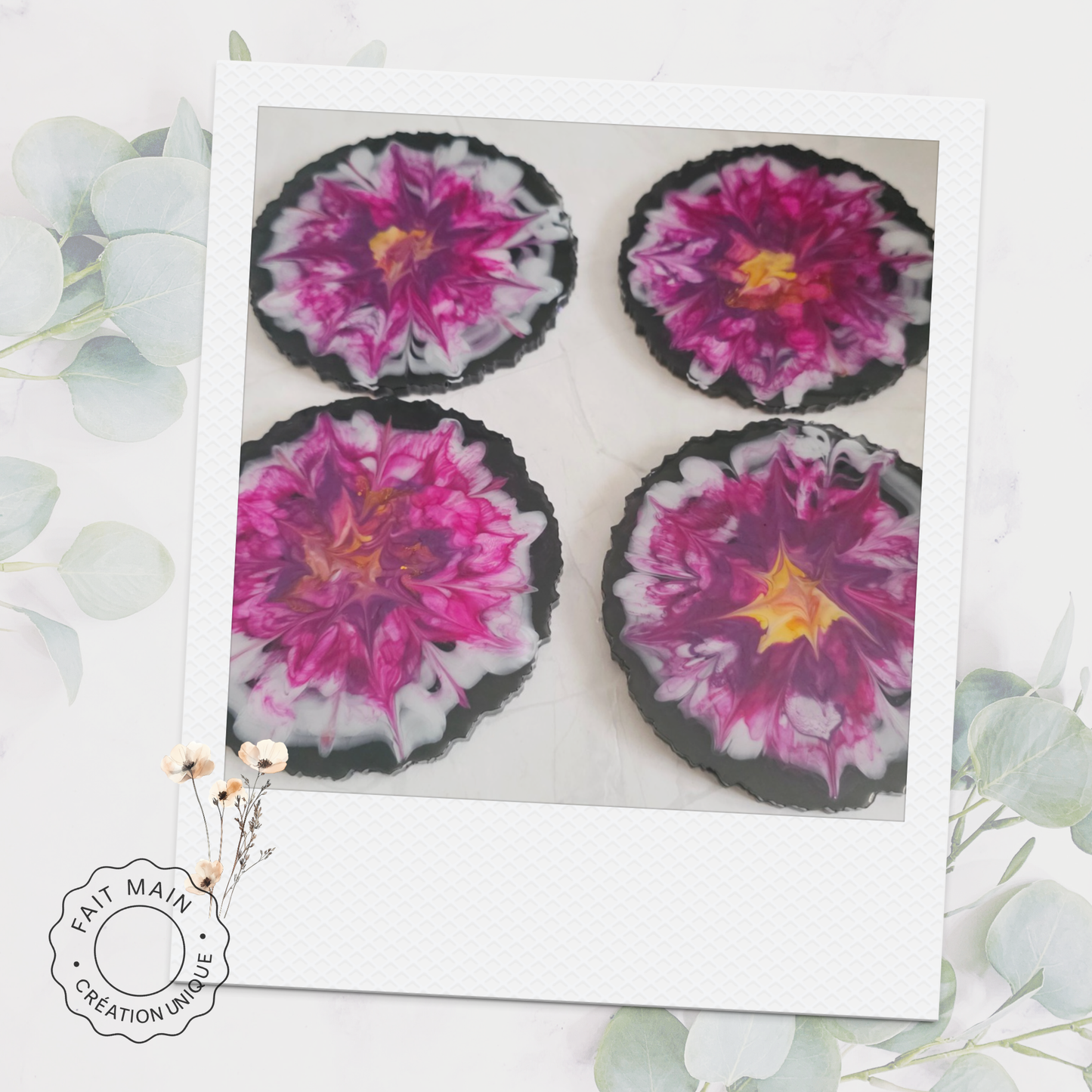 Dessous de verre en résine – Fleurs violettes & fuchsia – Lot de 4 - création unique