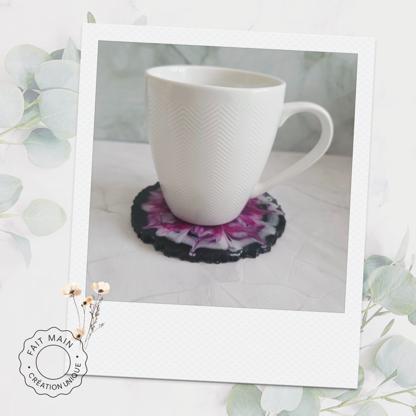 Dessous de verre en résine – Fleurs violettes & fuchsia – Lot de 4 - création unique