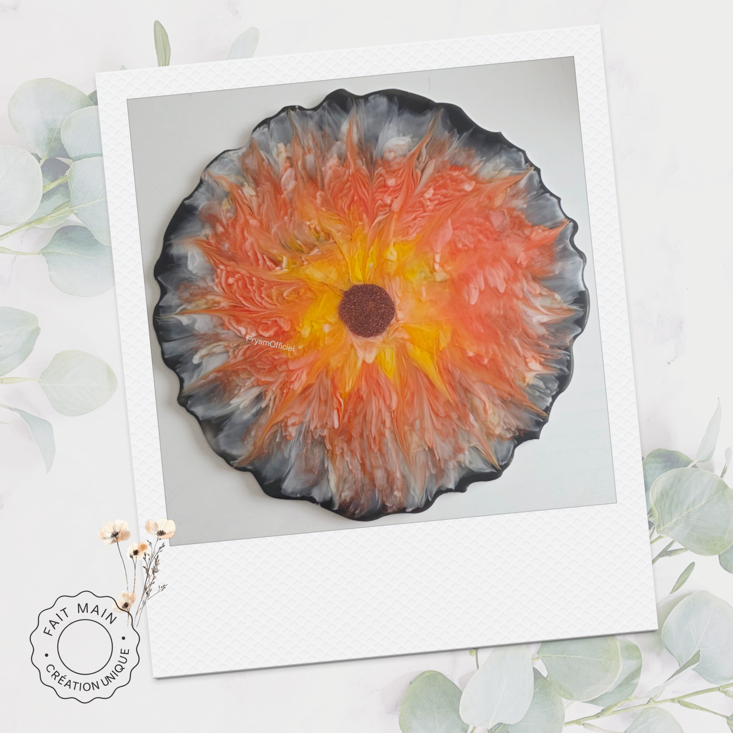 Plat décoratif en résine – Fleur flamboyante orange & jaune - création unique