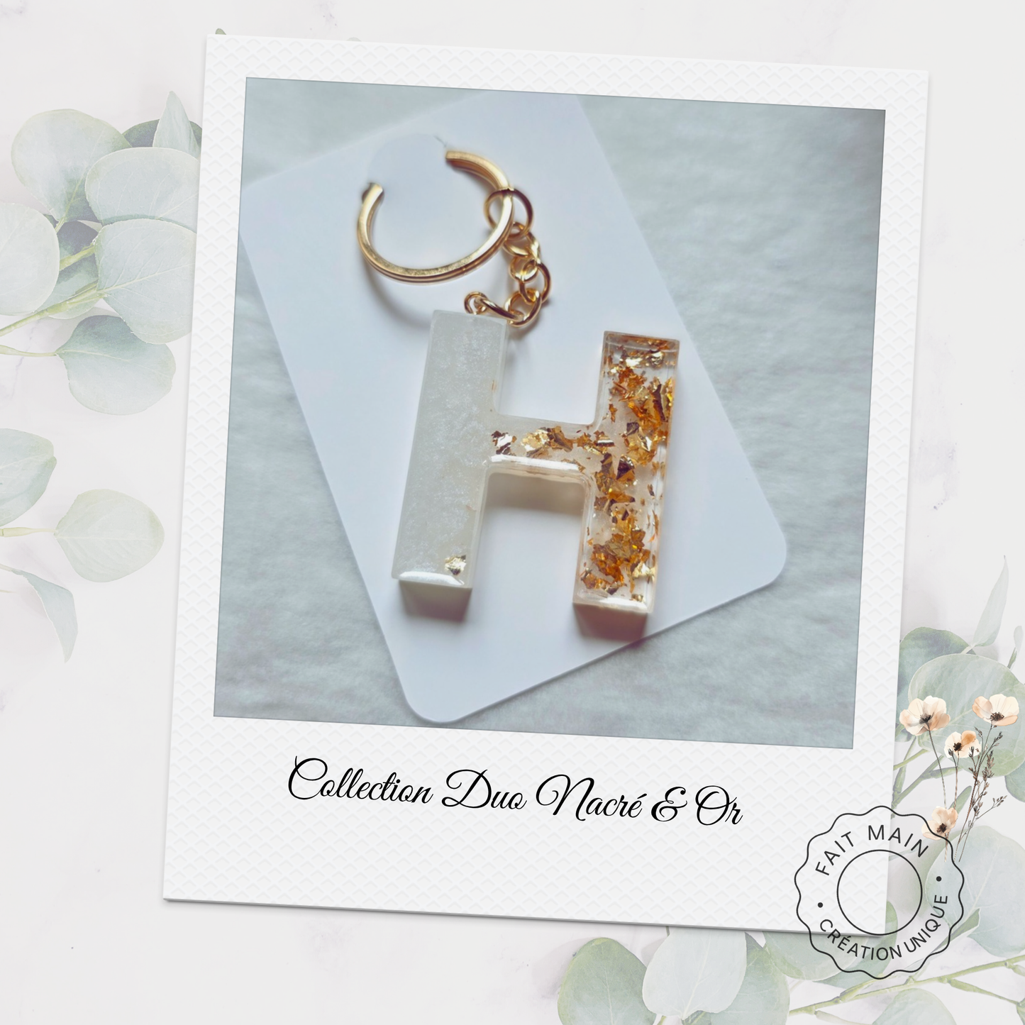 Porte-clés initiale unique Collection Duo Nacré & Or - bijoux de sac – Création artisanale