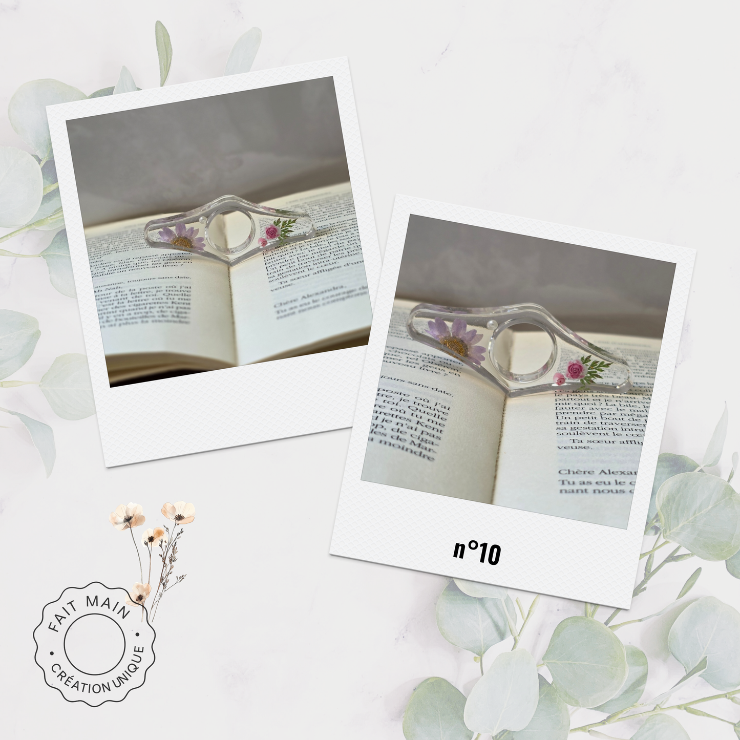 Bague de lecture en résine avec fleurs séchées – Accessoire unique pour lecteur – Fait main – Cadeau original