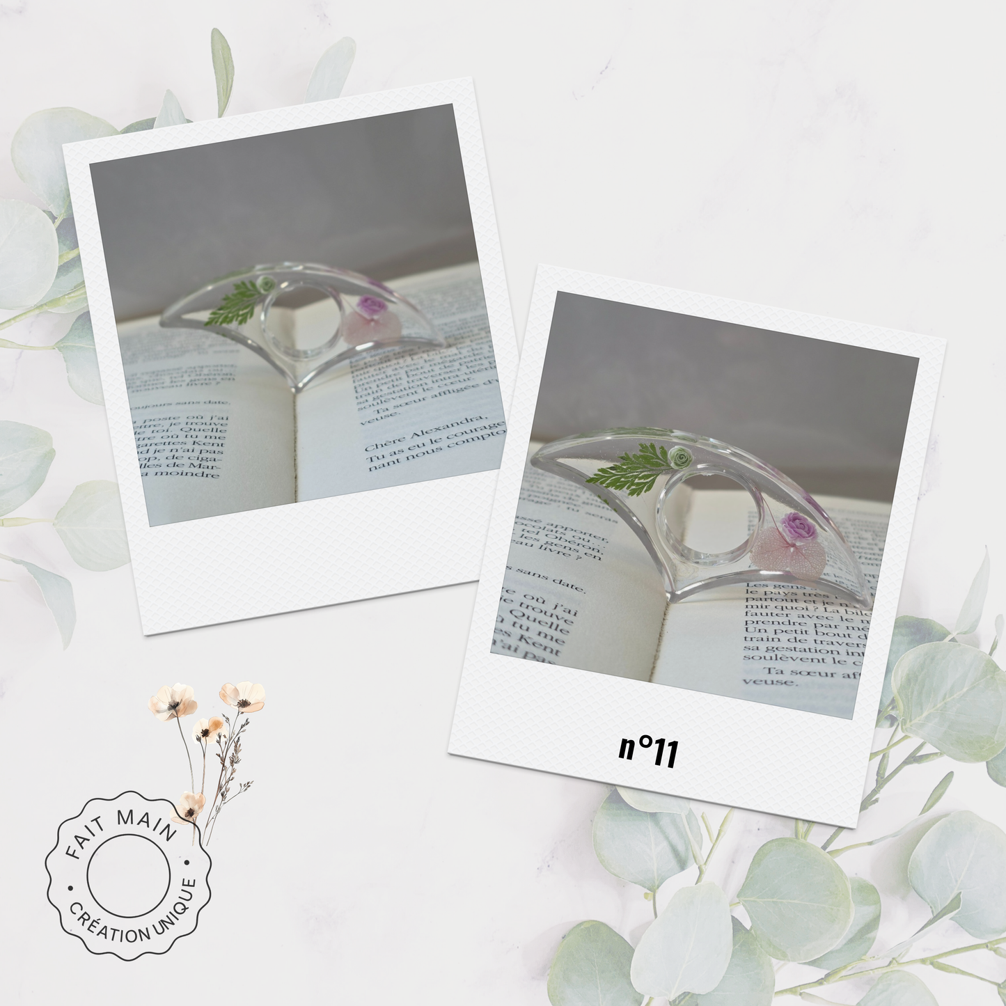 Bague de lecture en résine avec fleurs séchées – Accessoire unique pour lecteur – Fait main – Cadeau original