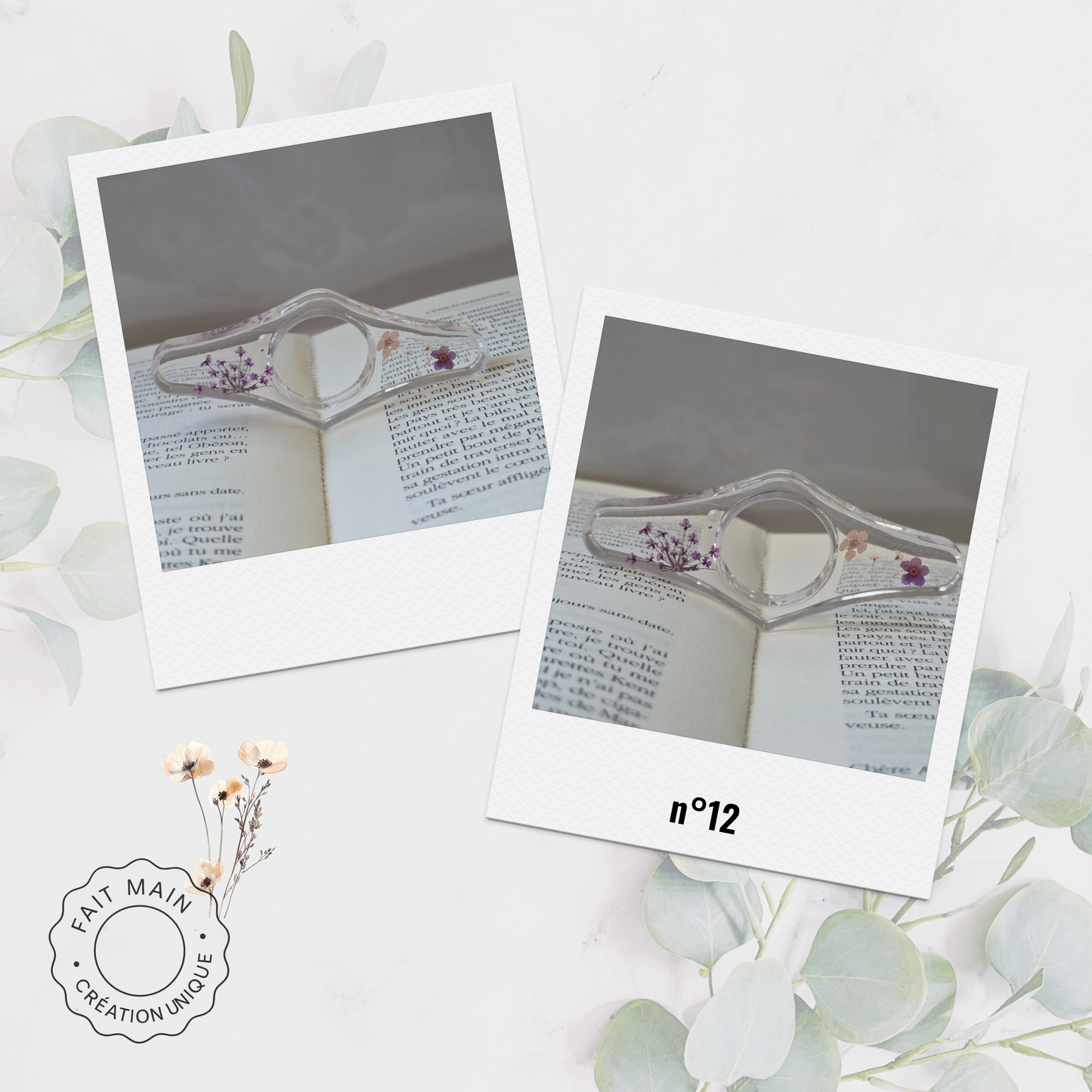 Bague de lecture en résine avec fleurs séchées – Accessoire unique pour lecteur – Fait main – Cadeau original