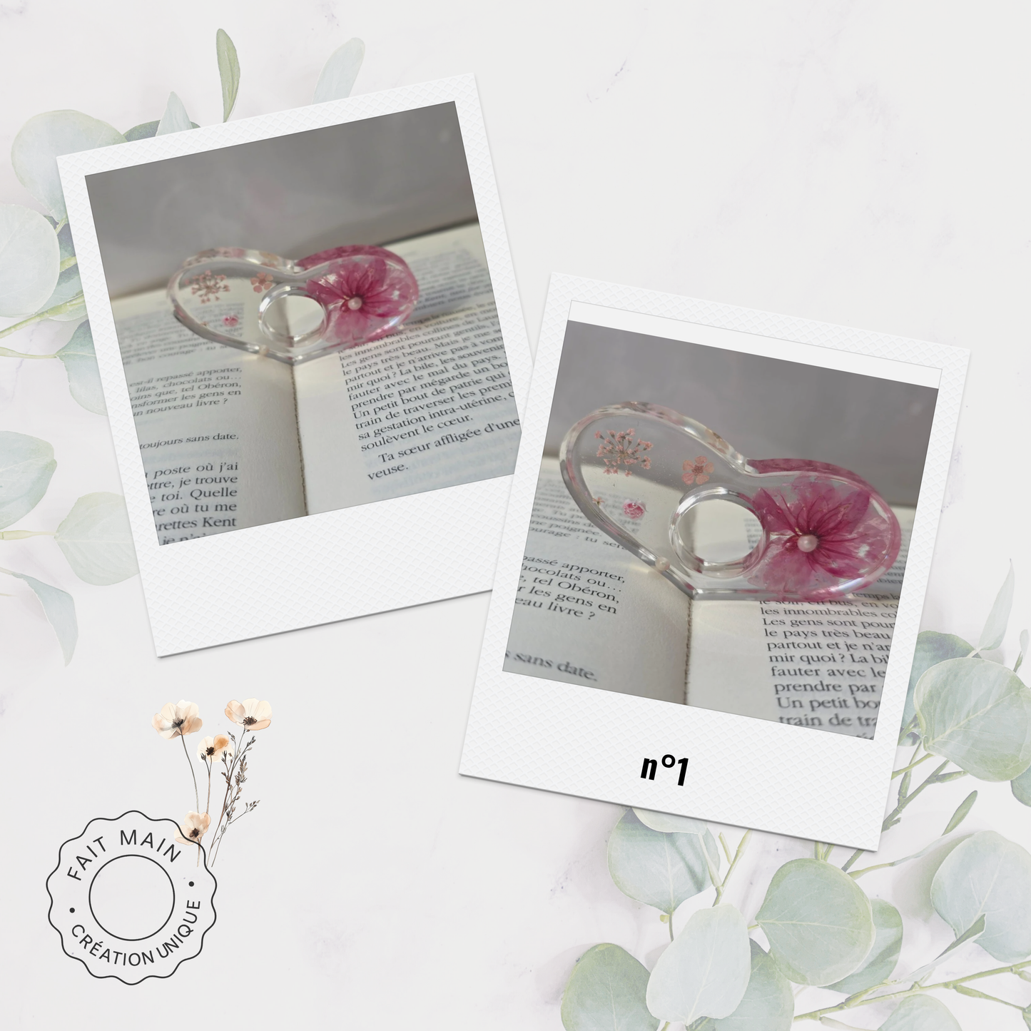 Bague de lecture en résine avec fleurs séchées – Accessoire unique pour lecteur – Fait main – Cadeau original
