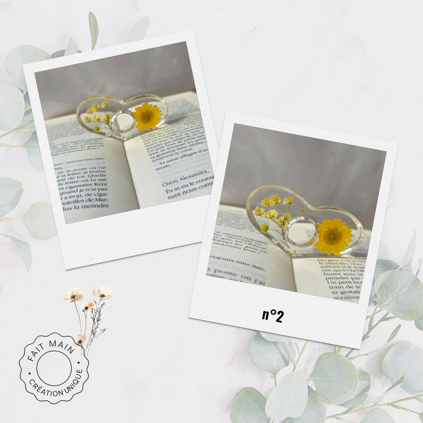 Bague de lecture en résine avec fleurs séchées – Accessoire unique pour lecteur – Fait main – Cadeau original