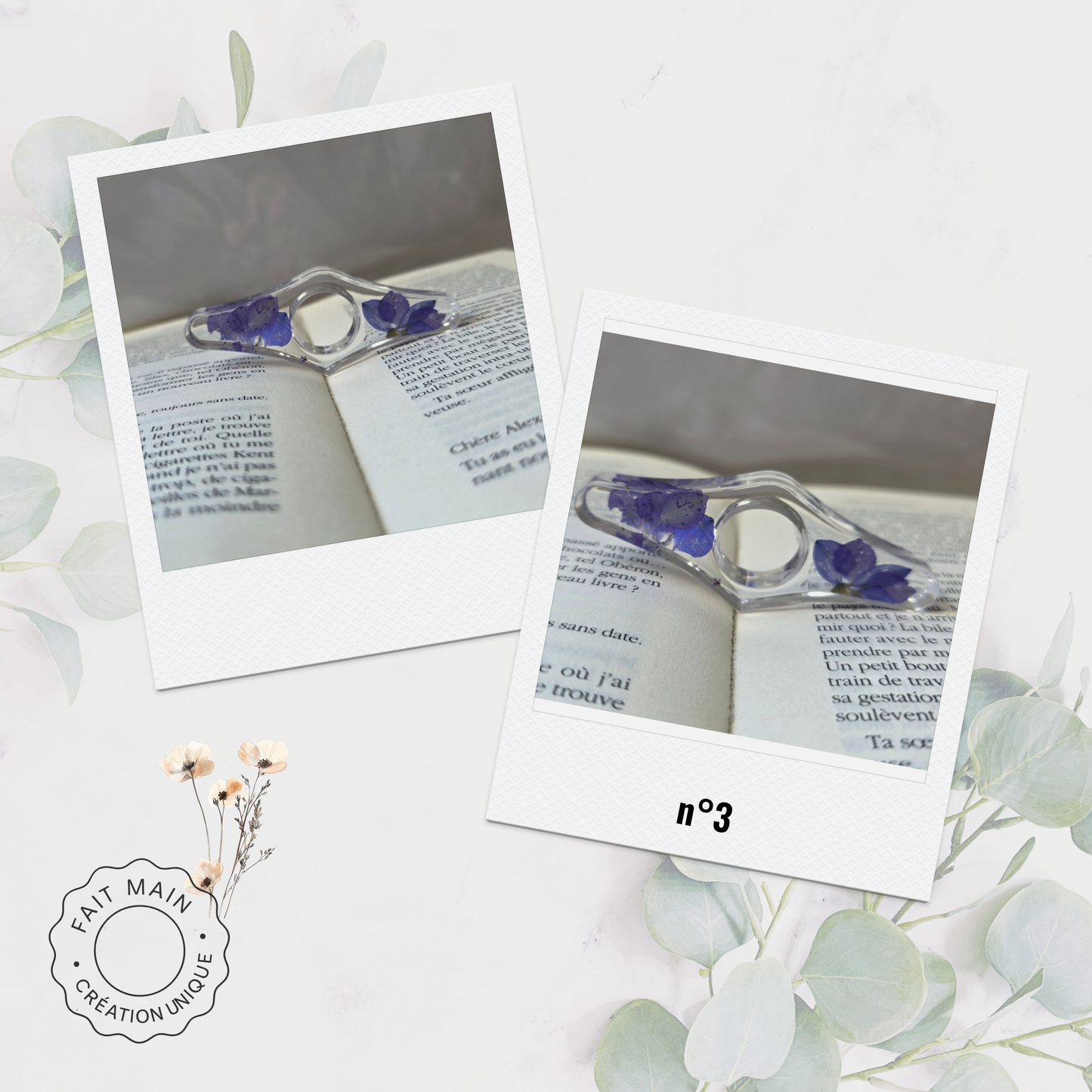 Bague de lecture en résine avec fleurs séchées – Accessoire unique pour lecteur – Fait main – Cadeau original