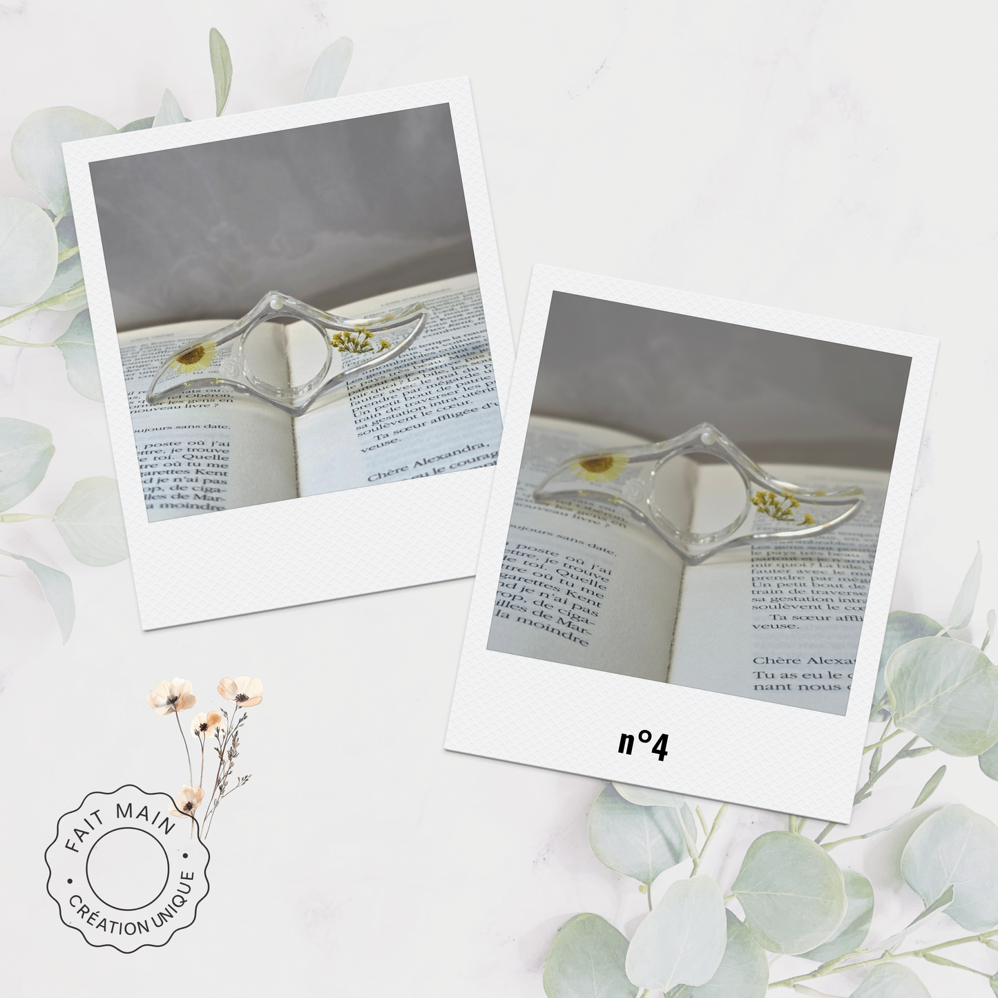 Bague de lecture en résine avec fleurs séchées – Accessoire unique pour lecteur – Fait main – Cadeau original