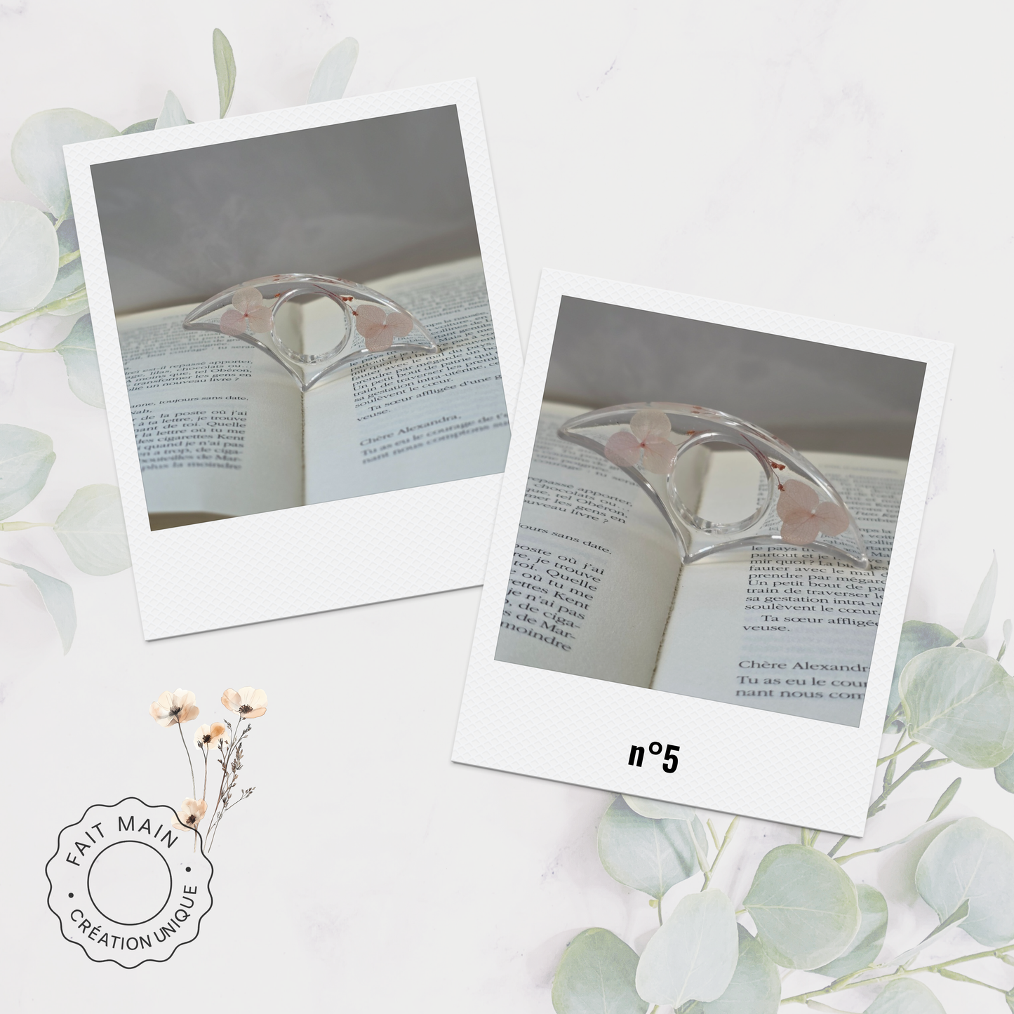Bague de lecture en résine avec fleurs séchées – Accessoire unique pour lecteur – Fait main – Cadeau original