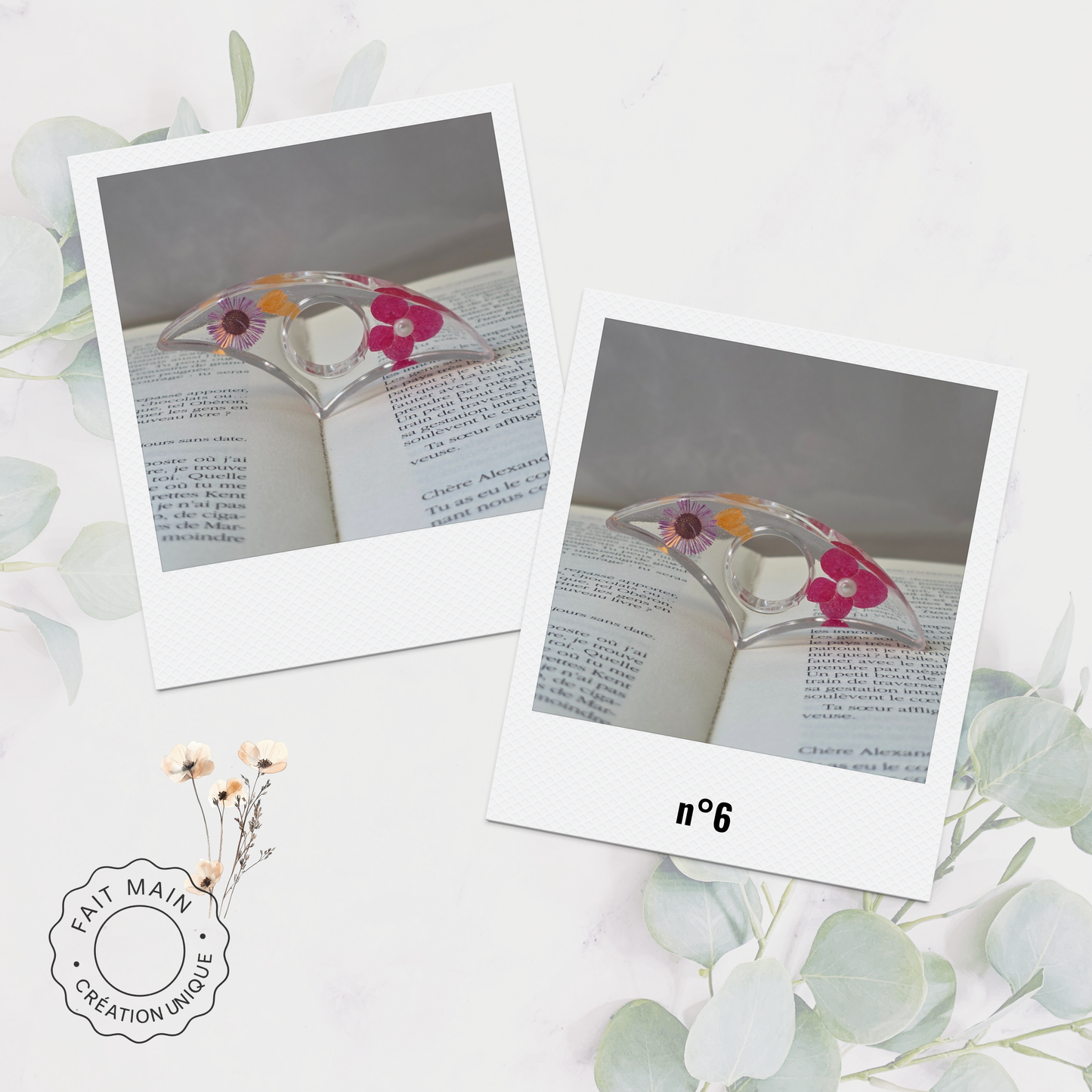 Bague de lecture en résine avec fleurs séchées – Accessoire unique pour lecteur – Fait main – Cadeau original