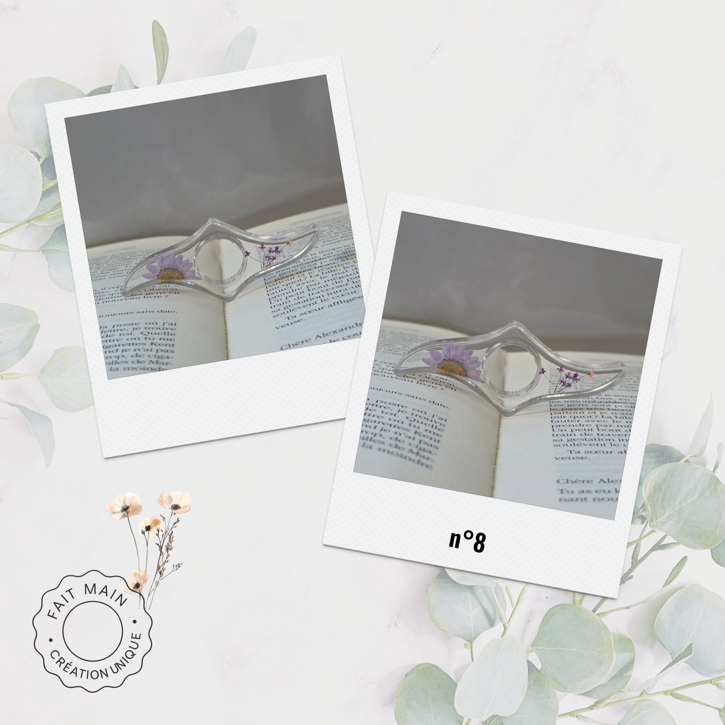 Bague de lecture en résine avec fleurs séchées – Accessoire unique pour lecteur – Fait main – Cadeau original