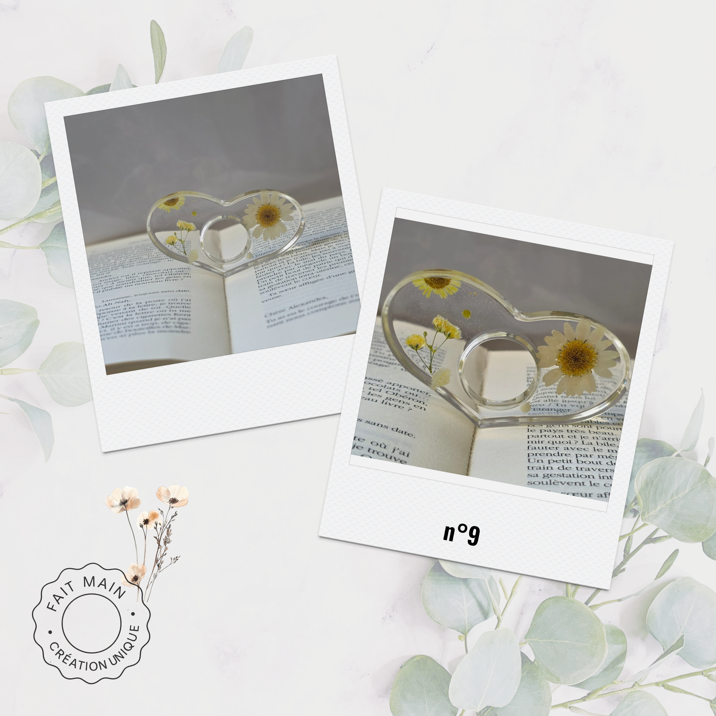 Bague de lecture en résine avec fleurs séchées – Accessoire unique pour lecteur – Fait main – Cadeau original