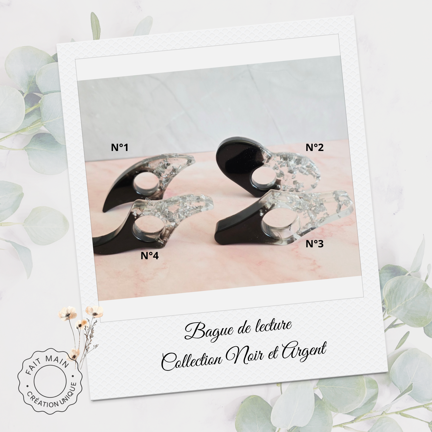 Bague de lecture collection Noir et Argent – Accessoire unique pour lecteur – Fait main