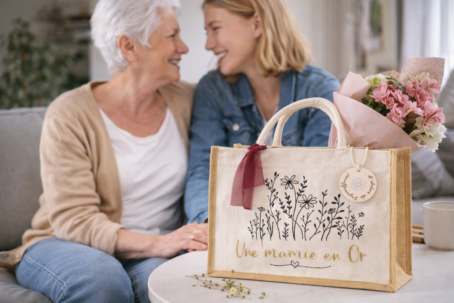 Sac shopping plage - fleuri une mamie en or - message personnalisé