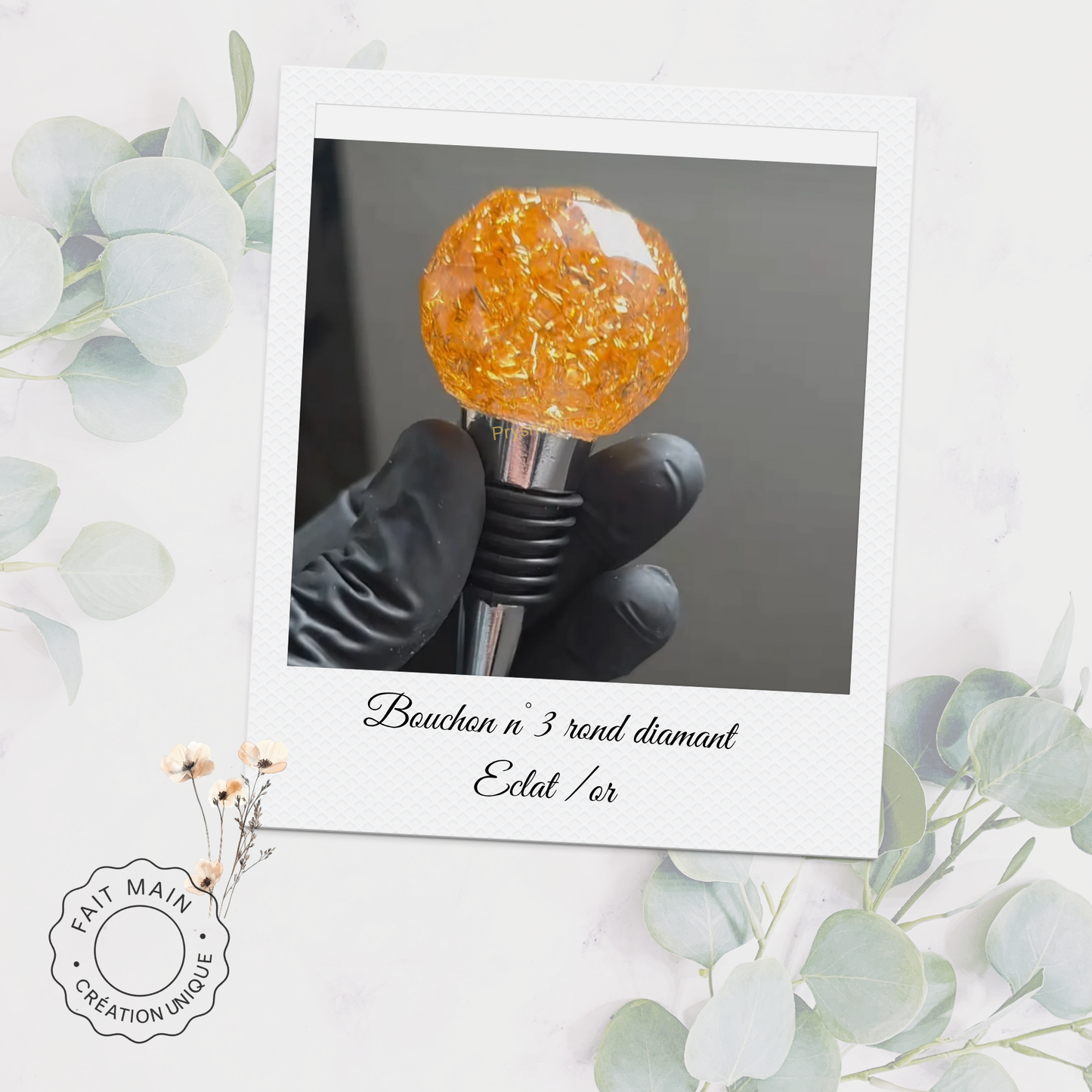 Bouchon décoratif pour bouteille – Résine artisanale avec éclats dorés ou argentés