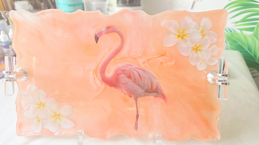 Petit Plateau “Flamant rose fleuri ” – Plateau en résine -  Pièce unique