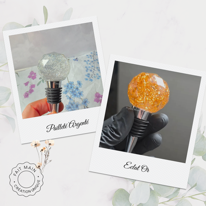 Bouchon décoratif pour bouteille – Résine artisanale avec éclats dorés ou argentés
