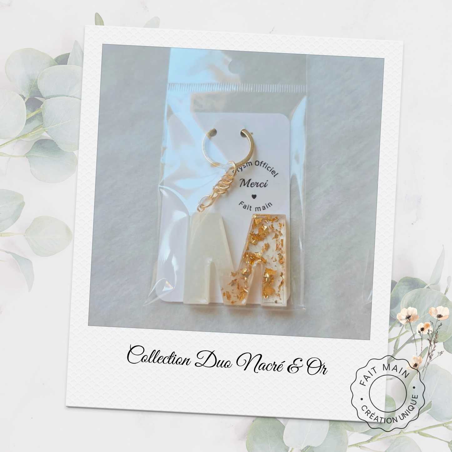 Porte-clés initiale unique Collection Duo Nacré & Or - bijoux de sac  – Création artisanale