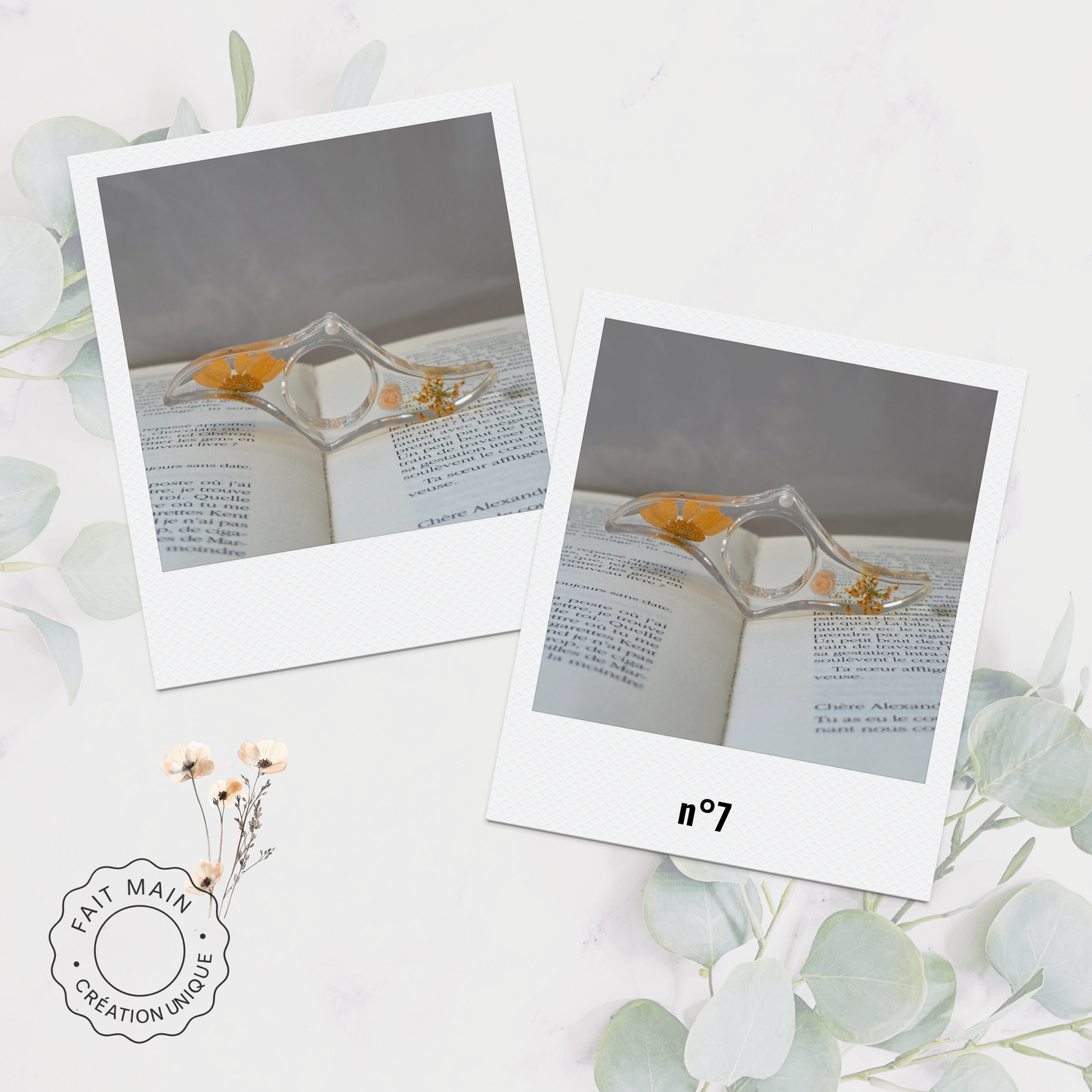 Bague de lecture en résine avec fleurs séchées – Accessoire unique pour lecteur – Fait main – Cadeau original