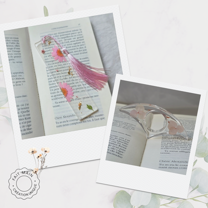 Ensemble bijoux lecture – Marque-page fleuri + Bague de lecture assortie