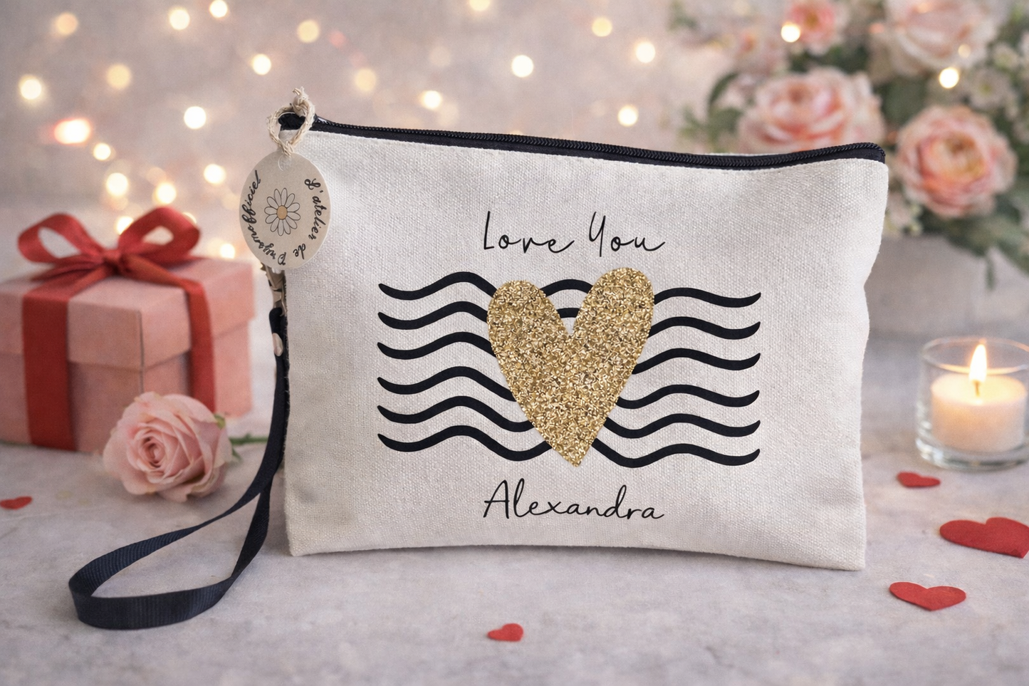 Pochette “Love You” – Motif cœur doré | Cadeau à personnaliser