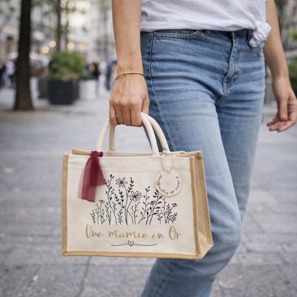 Sac shopping plage - fleuri une mamie en or - message personnalisé