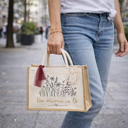 Sac shopping plage - fleuri une mamie en or - message personnalisé